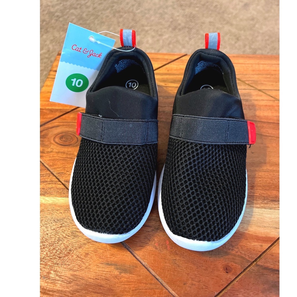 Cat Jack Kids Size 10 Black Mesh Slip On Shoes Red‎ Accent Tabs NWT
